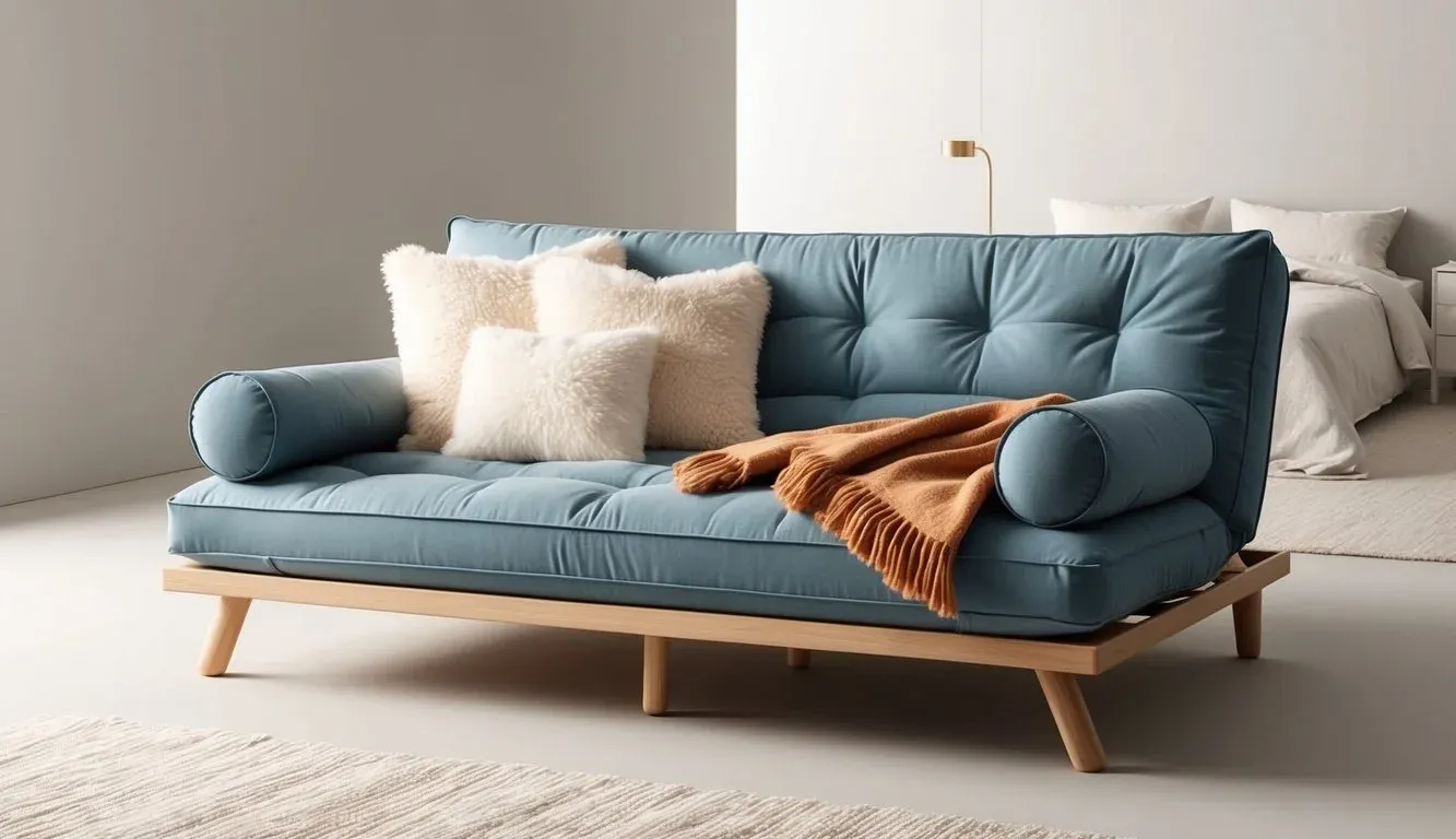 A cozy, well-made futon with fluffy pillows and a warm blanket, set against a backdrop of a serene and minimalist bedroom