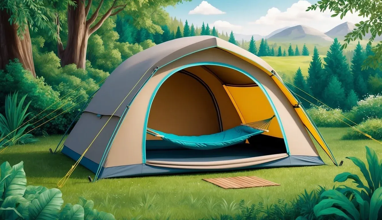 A cozy camping tent with a comfortable cot or hammock set up inside, surrounded by lush greenery and a serene natural landscape