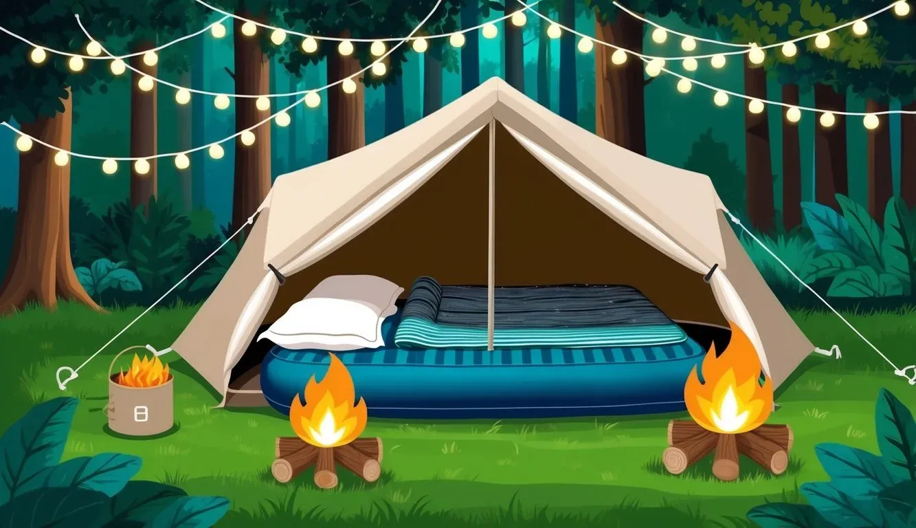A cozy tent set up in a lush forest, with a comfortable air mattress and warm bedding inside, surrounded by twinkling string lights and a crackling campfire