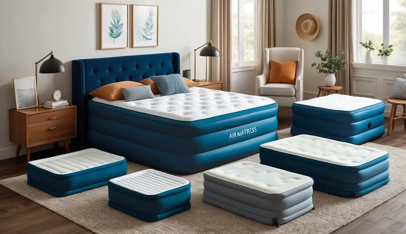 A cozy bedroom with a variety of air mattress alternatives displayed, including memory foam and adjustable firmness options