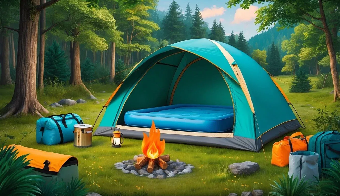 A cozy tent set up in a lush forest clearing with a comfortable air mattress alternative inside, surrounded by camping gear and a warm campfire