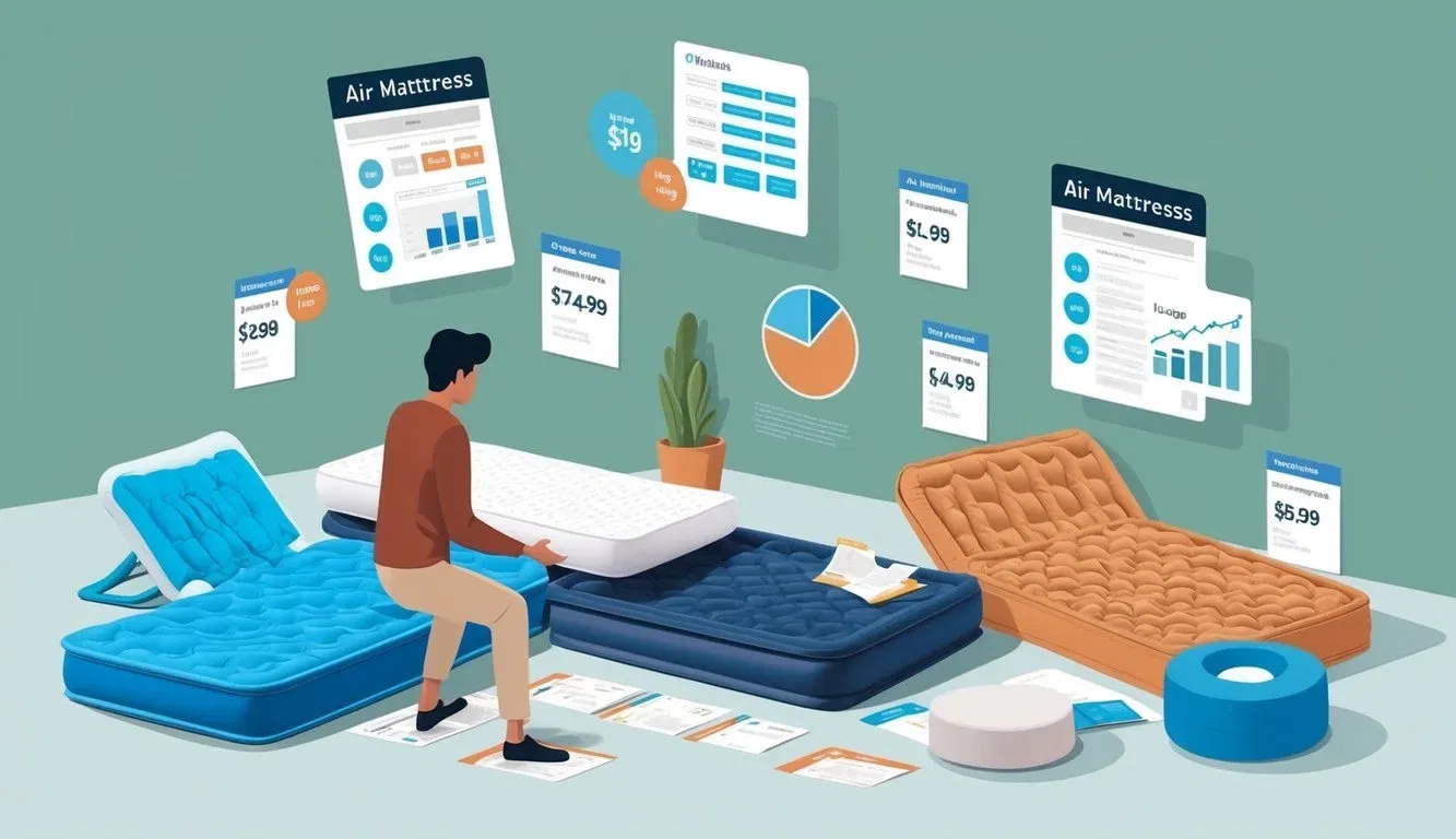 A person comparing air mattresses to other options, surrounded by various pricing and market research materials