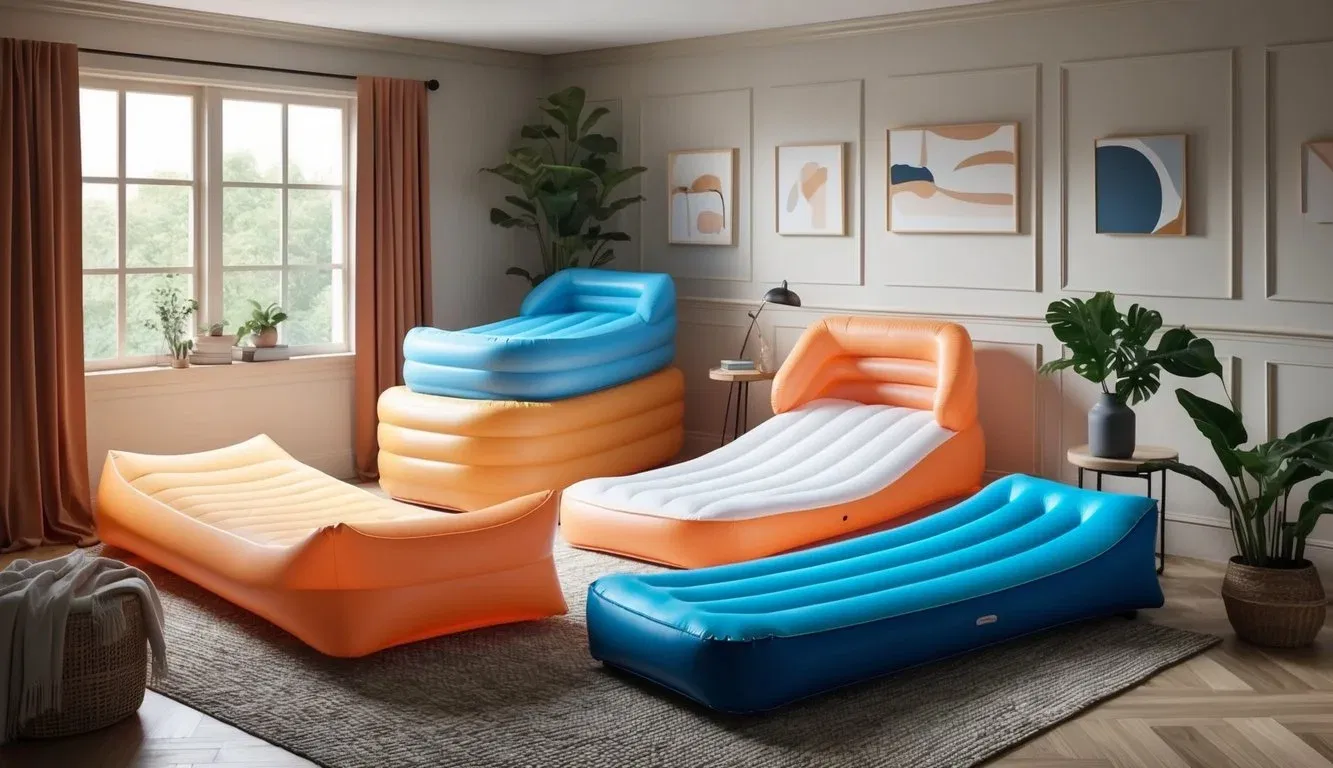 A cozy bedroom with various inflatable beds displayed as alternatives to traditional air mattresses