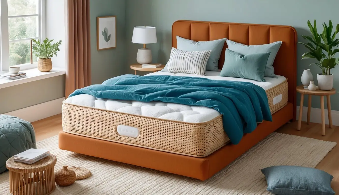 A cozy bedroom with a mattress made of natural materials, surrounded by non-toxic bedding and a fire-retardant-free environment