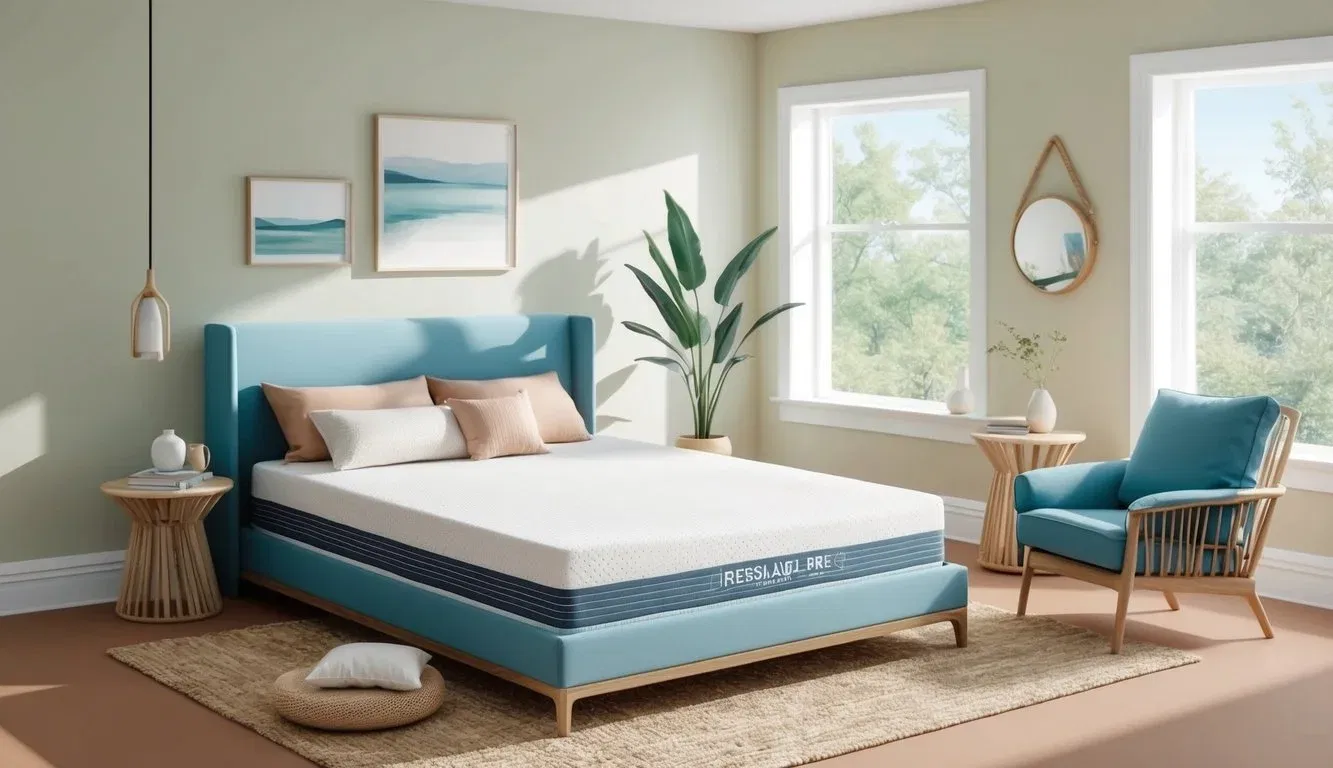 A serene bedroom with a fiberglass-free mattress, surrounded by calming decor and natural lighting