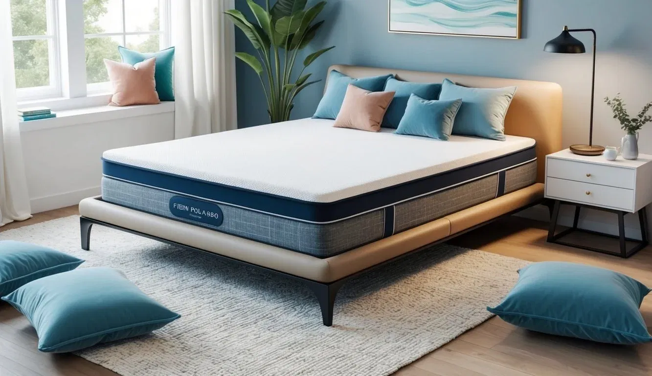 A cozy bedroom with a modern, fiberglass-free mattress on a sleek bed frame, surrounded by soft, hypoallergenic bedding and plush pillows