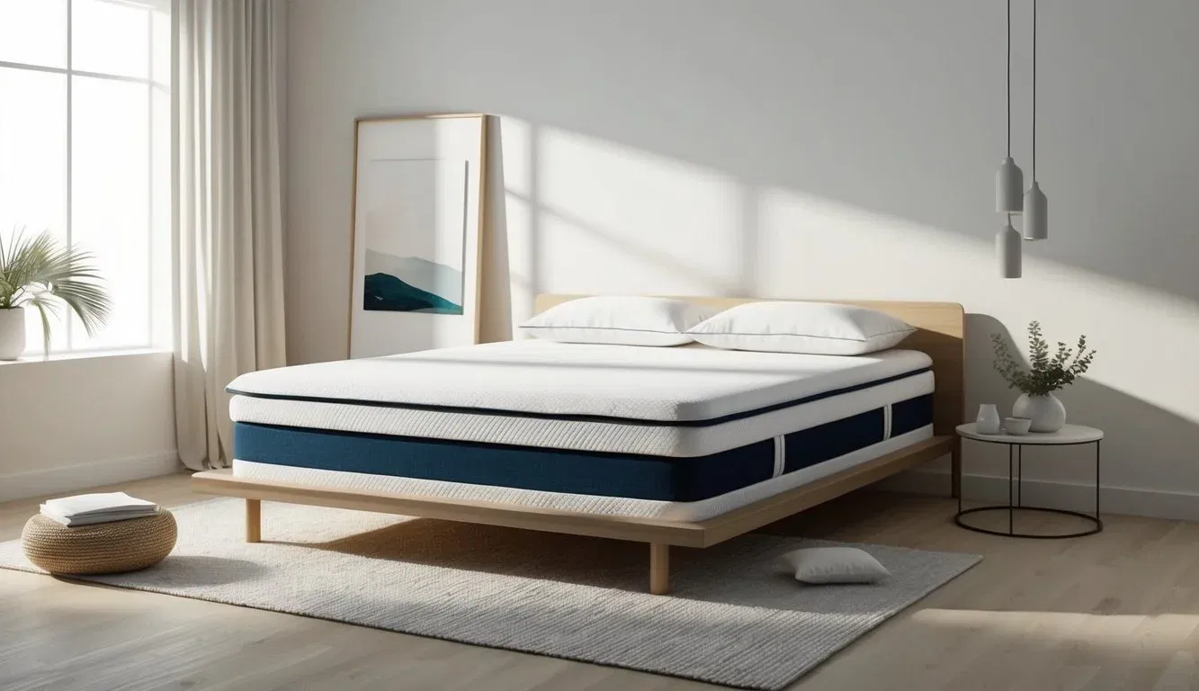 A serene bedroom with a sleek, modern mattress made without fiberglass, surrounded by minimalist decor and soft, natural lighting