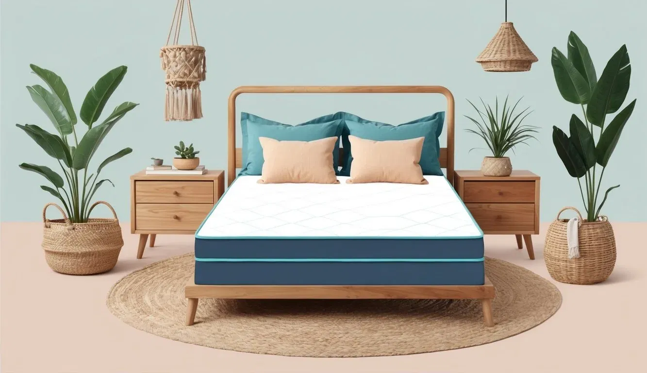 A serene bedroom with a cozy, fiberglass-free mattress surrounded by natural, non-toxic materials