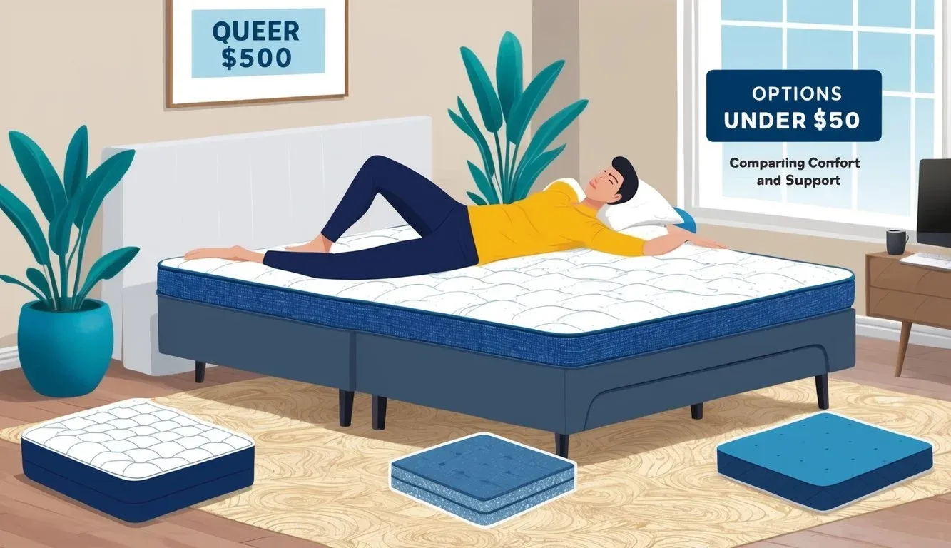 A person lying on a queen mattress, surrounded by various options under $500, comparing comfort and support