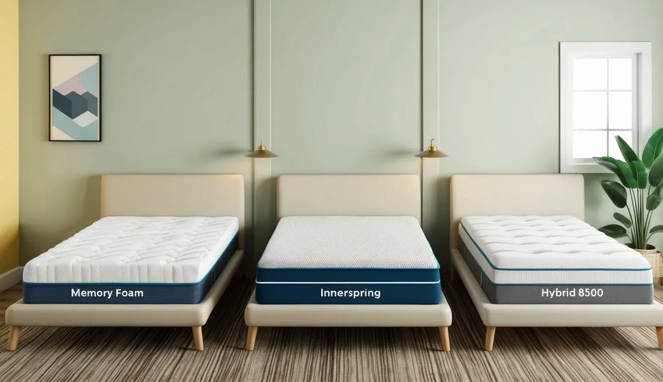 A bedroom with three queen mattresses side by side, each made of different materials such as memory foam, innerspring, and hybrid, all priced under $500