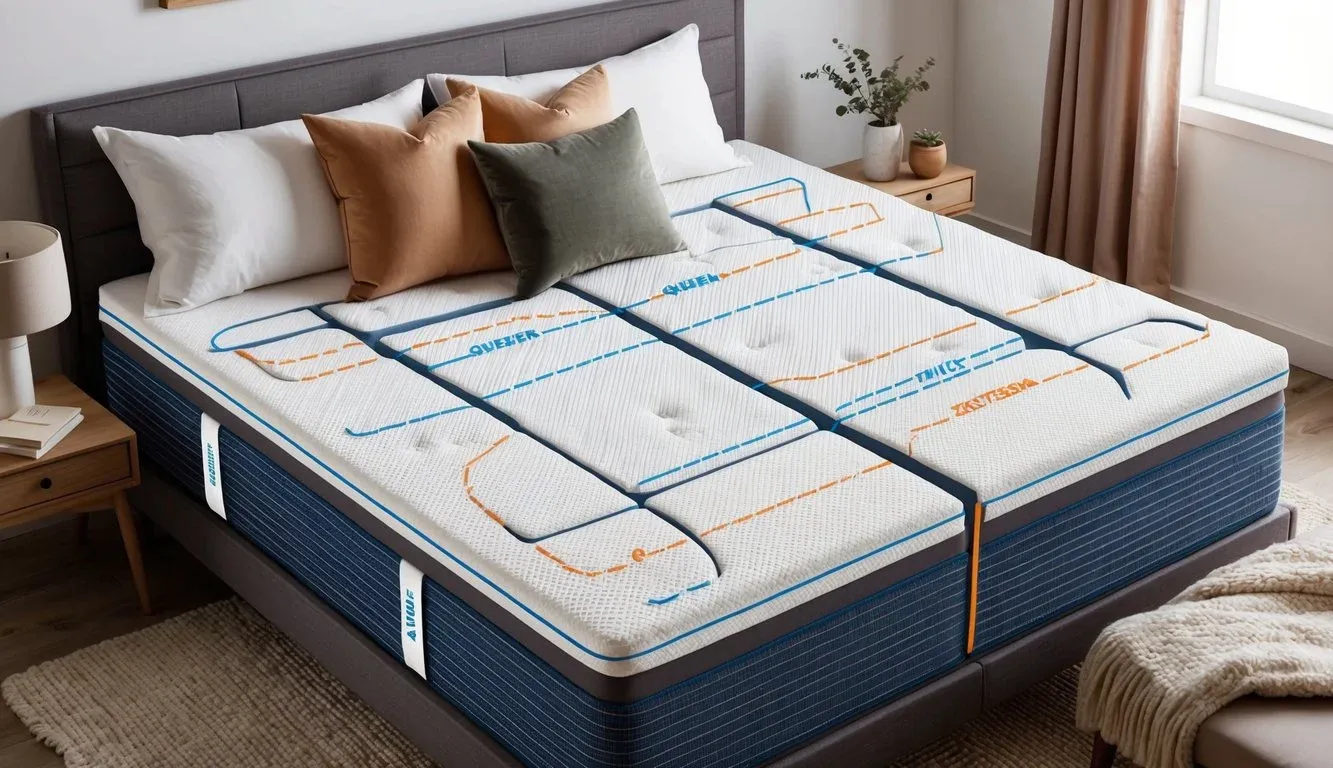 A queen mattress with various support zones for different sleeping styles, surrounded by pillows and a cozy blanket