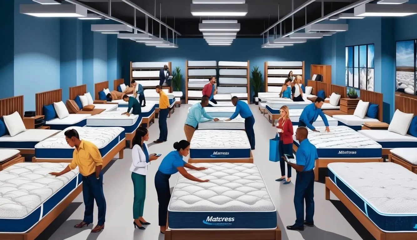 A bustling showroom with rows of discounted mattresses, customers testing out different models, and sales associates assisting eager shoppers