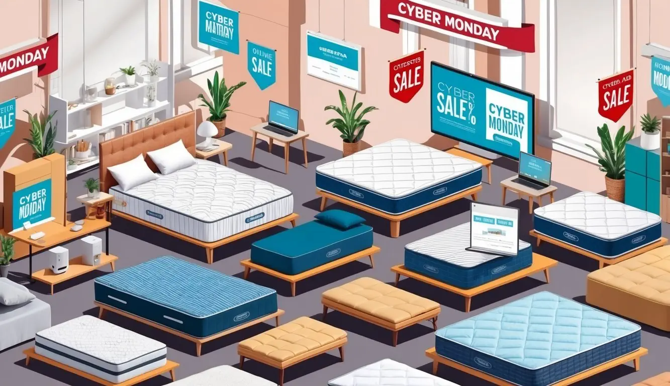 A bustling online marketplace with various mattresses displayed, surrounded by Cyber Monday sale banners and promotional graphics