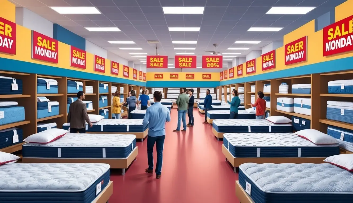 A bustling showroom with rows of discounted mattresses, bright sale signs, and eager customers browsing for the best Cyber Monday deals