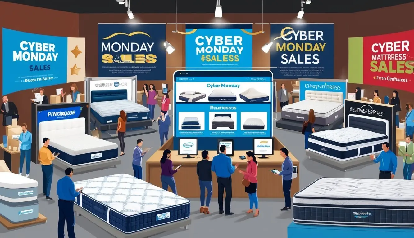 A bustling cyber monday sales event with various mattress retailers showcasing their products, surrounded by eager shoppers and promotional banners