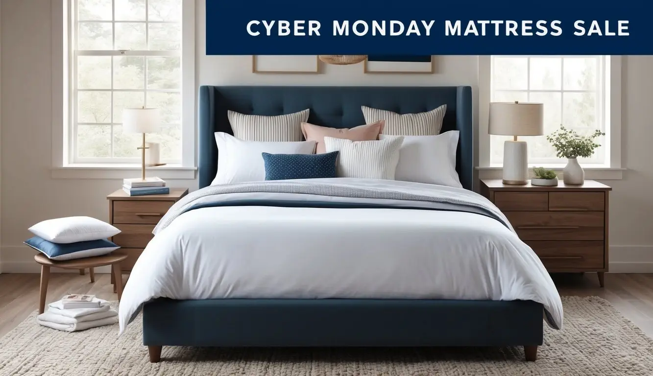 A cozy bedroom with a variety of bedding accessories on sale, including pillows, blankets, and sheets, displayed on a bed during a Cyber Monday mattress sale