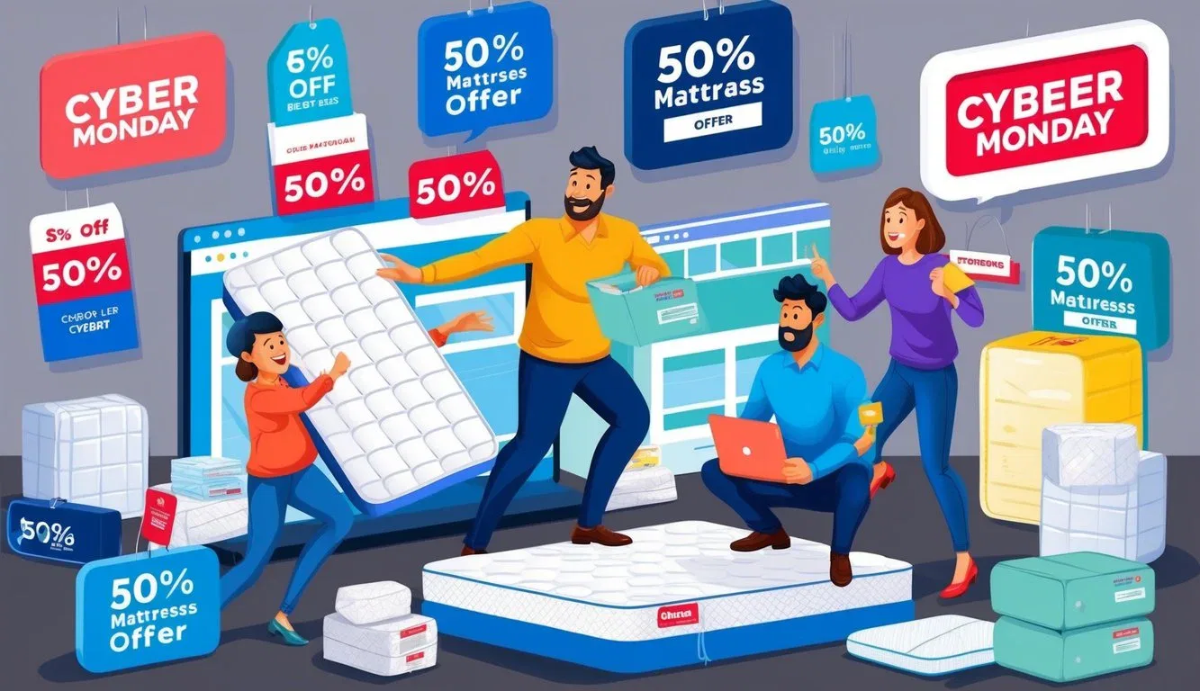 A family eagerly shops online for mattresses on Cyber Monday, surrounded by a variety of options and discount offers