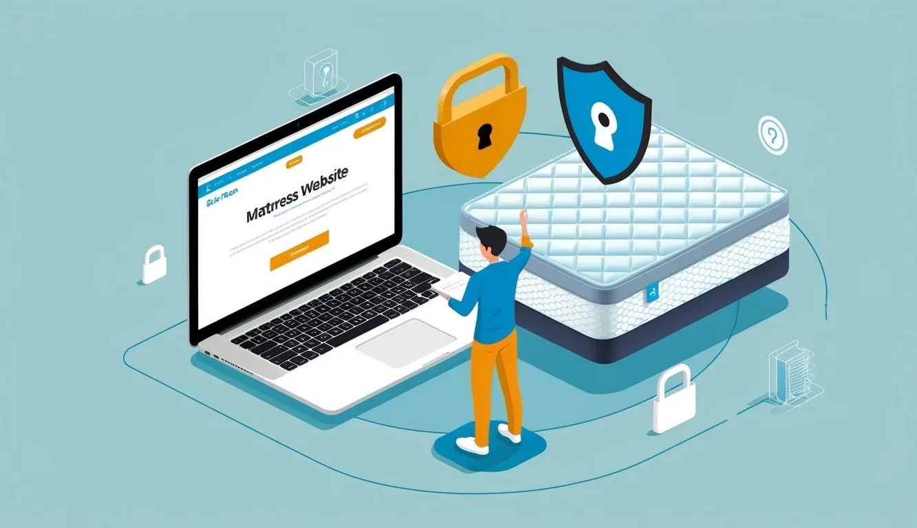 A person browsing a mattress website on a laptop, surrounded by a secure lock symbol and privacy shield icons
