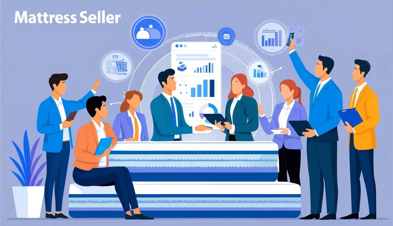 A group of mattress sellers analyzing data on customer preferences and shopping habits to improve the Cyber Monday sale experience
