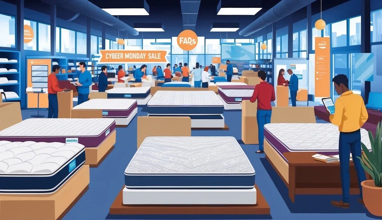 A crowded online store with mattresses displayed, a 