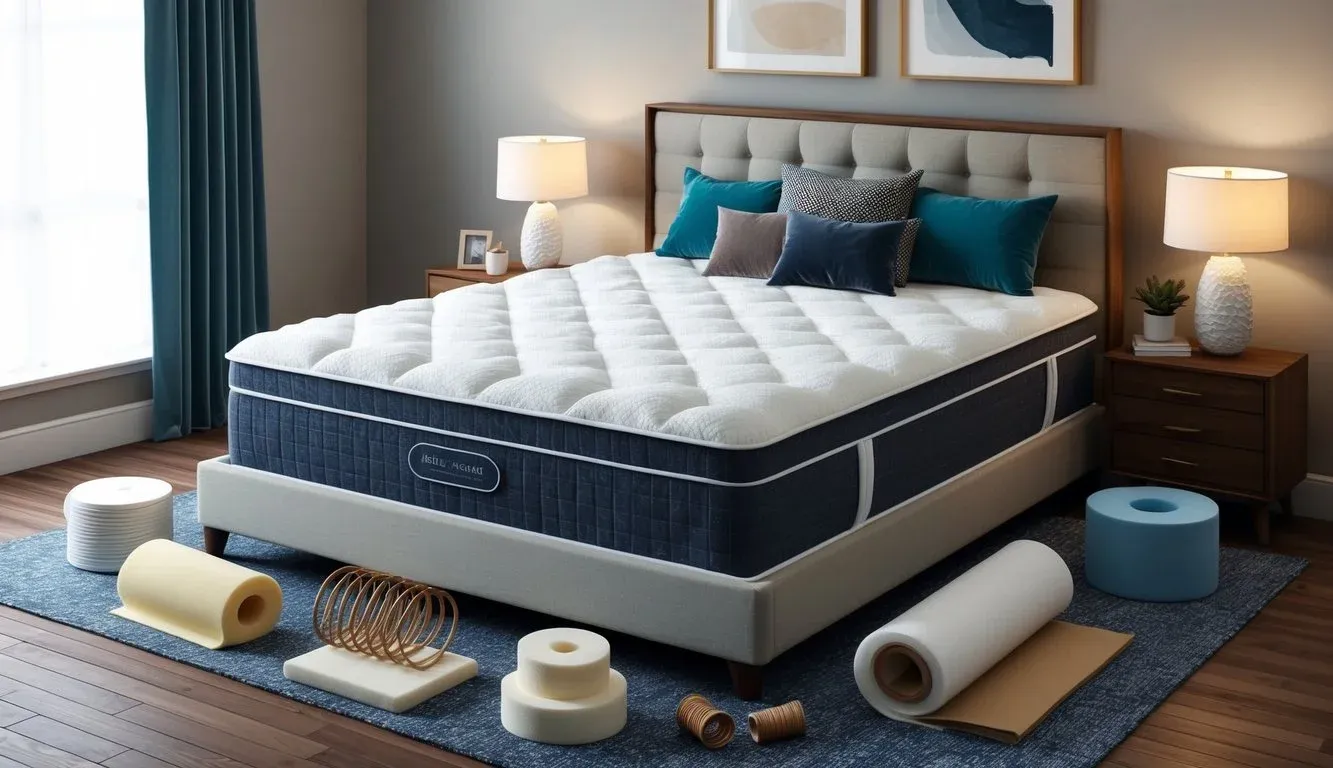 A cozy bedroom with a plush pillow top mattress surrounded by construction and materials such as coils, foam, and fabric samples
