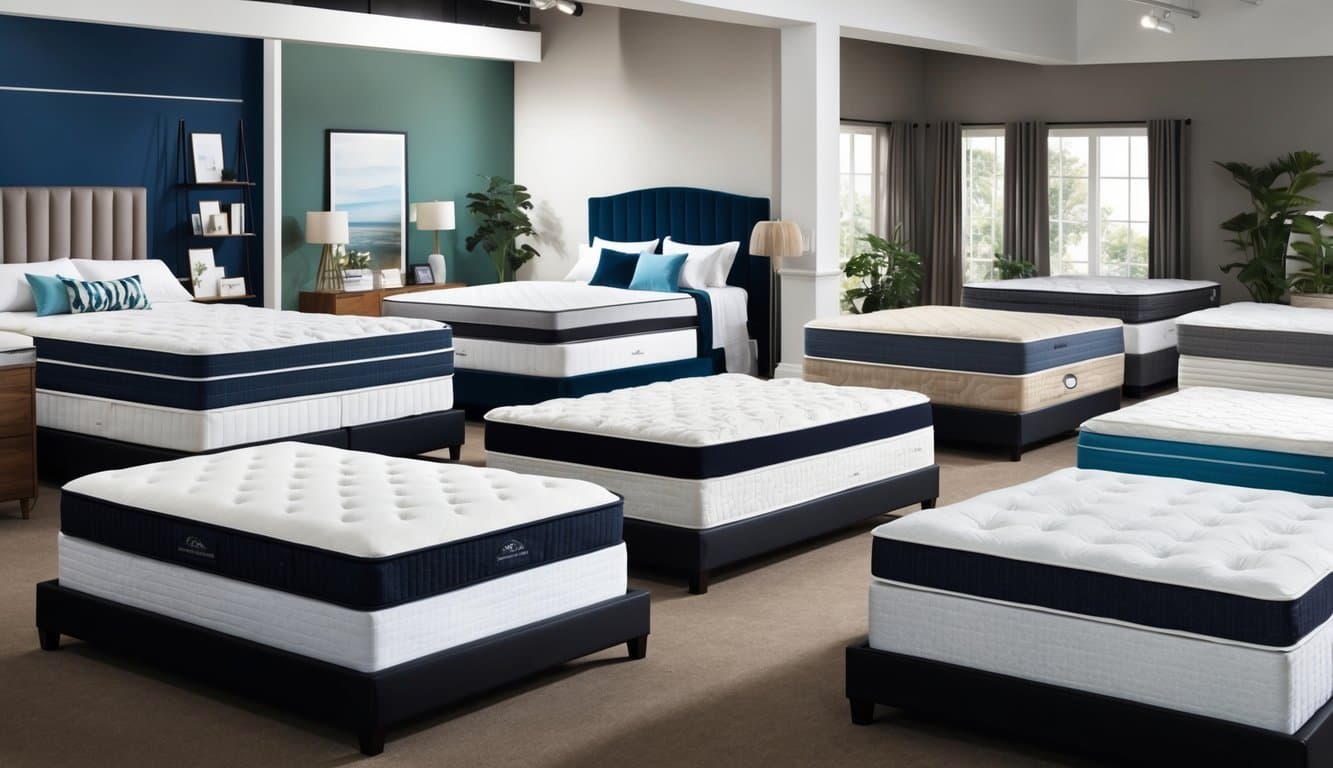 A variety of pillow top mattresses arranged in a showroom, each with different firmness levels and materials, catering to different sleepers' needs