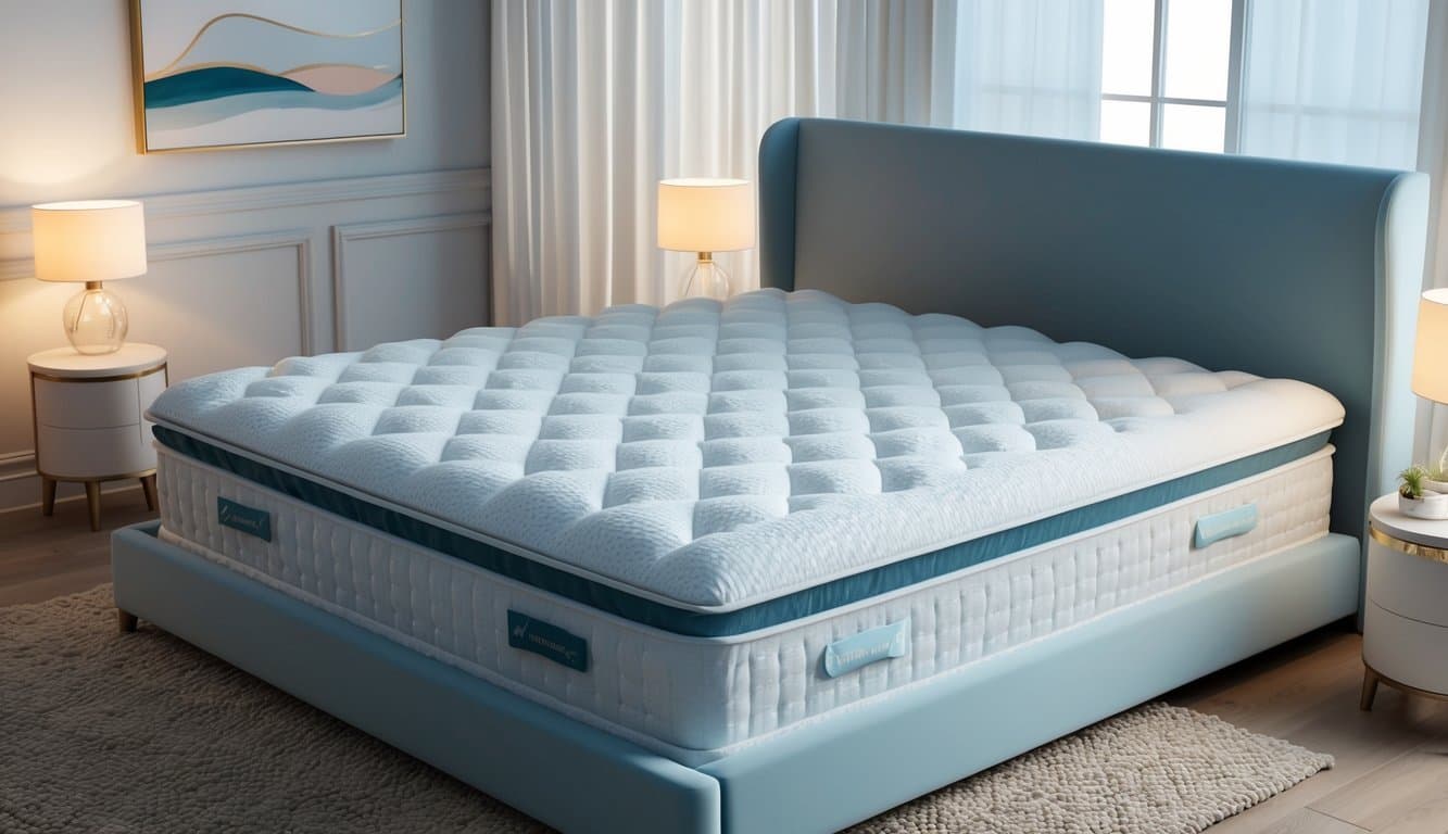 A serene bedroom with a luxurious pillow top mattress, adorned with plush bedding and surrounded by soft, ambient lighting for a peaceful and comfortable atmosphere