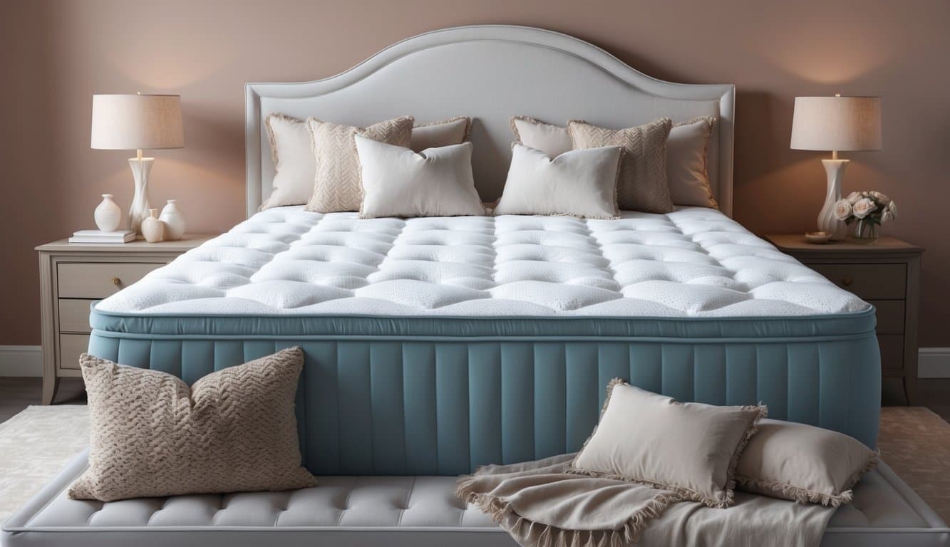 A serene bedroom with a luxurious pillow top mattress as the focal point, surrounded by soft, inviting bedding and plush pillows