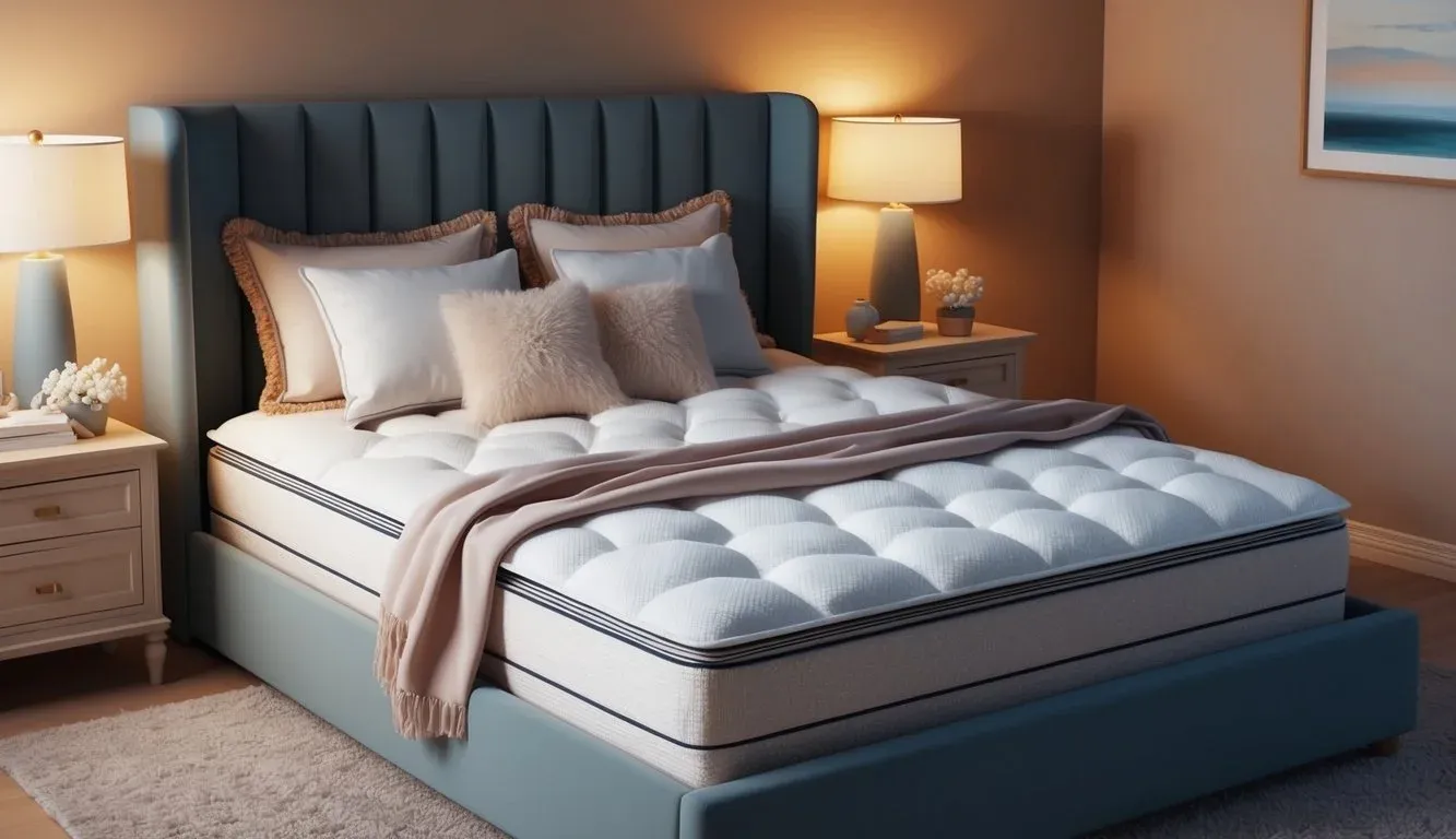 A cozy bedroom with a plush pillow top mattress, adorned with soft blankets and fluffy pillows. A serene atmosphere with warm lighting and a comfortable bed frame