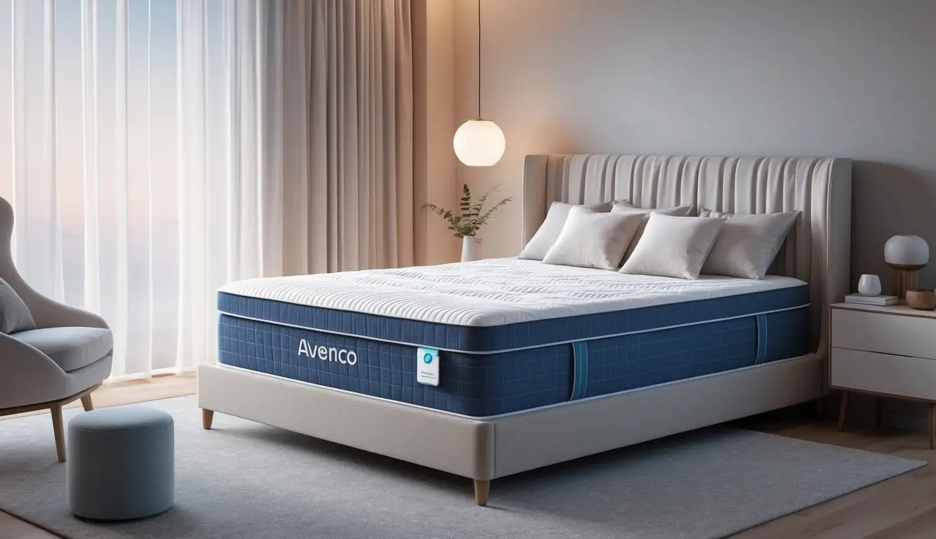 A serene bedroom with a neatly made bed featuring the Avenco Mattress, surrounded by soft, ambient lighting and a tranquil atmosphere