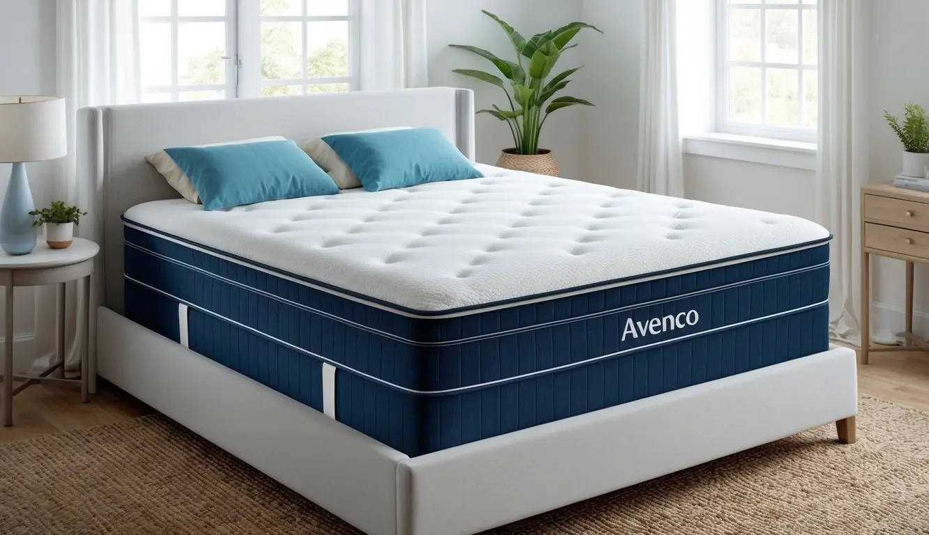 A peaceful bedroom with a neatly made bed, adorned with a luxurious Avenco mattress. The mattress exudes comfort and firmness, inviting relaxation and rest