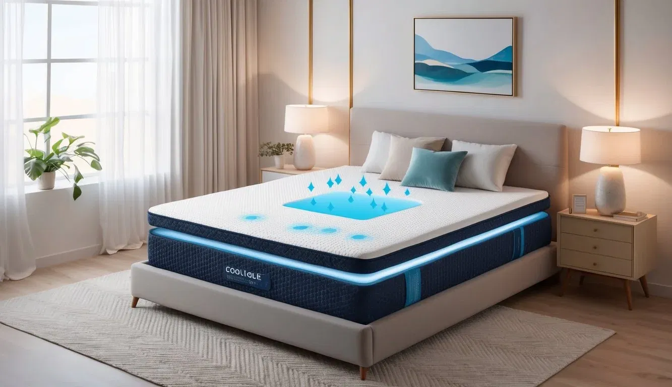 A mattress with cooling gel technology and breathable fabric, surrounded by a serene bedroom setting with soft lighting and a peaceful atmosphere