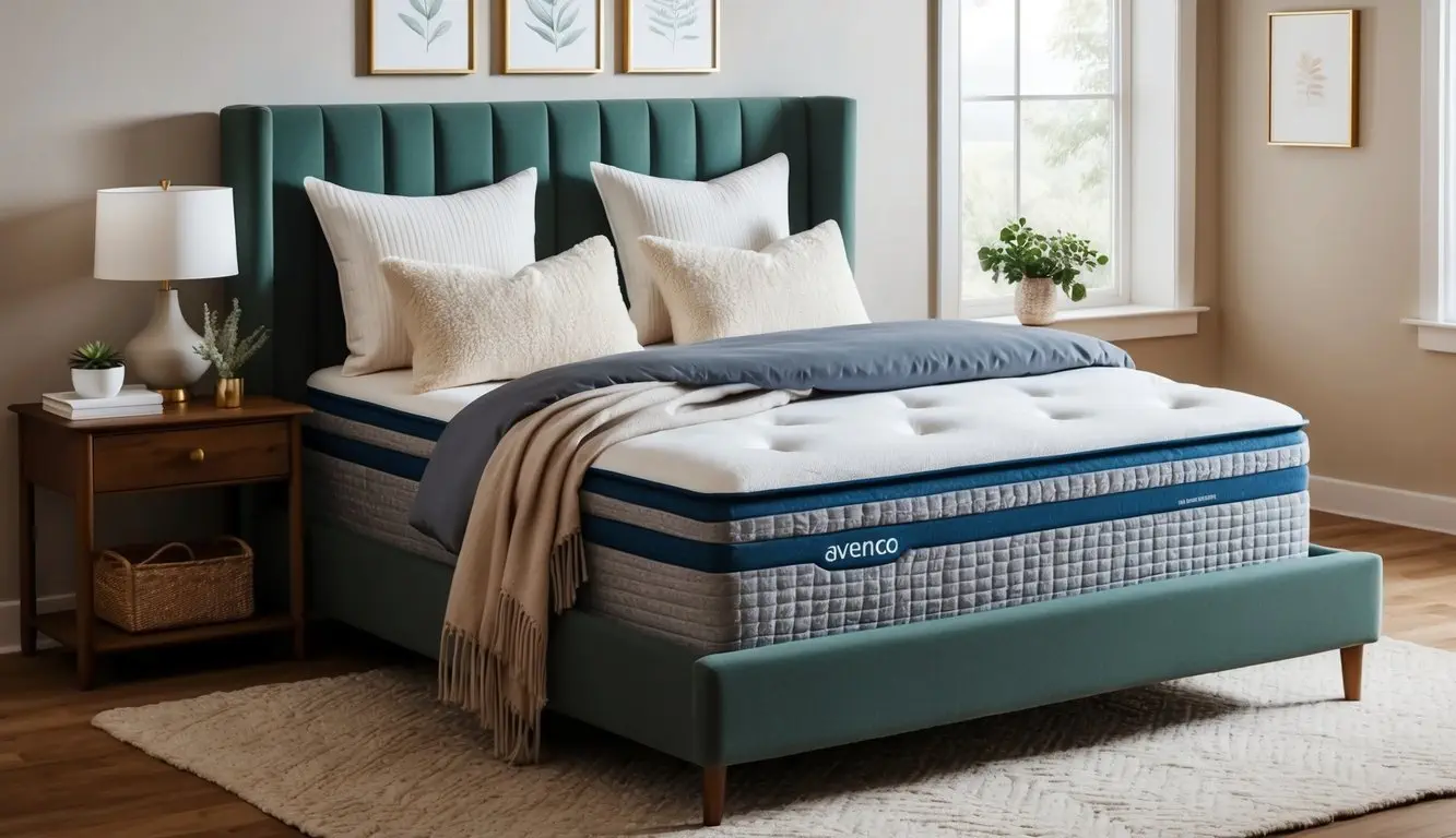 A cozy bedroom with a neatly made bed featuring an Avenco mattress, adorned with plush pillows, a soft duvet, and a decorative throw blanket