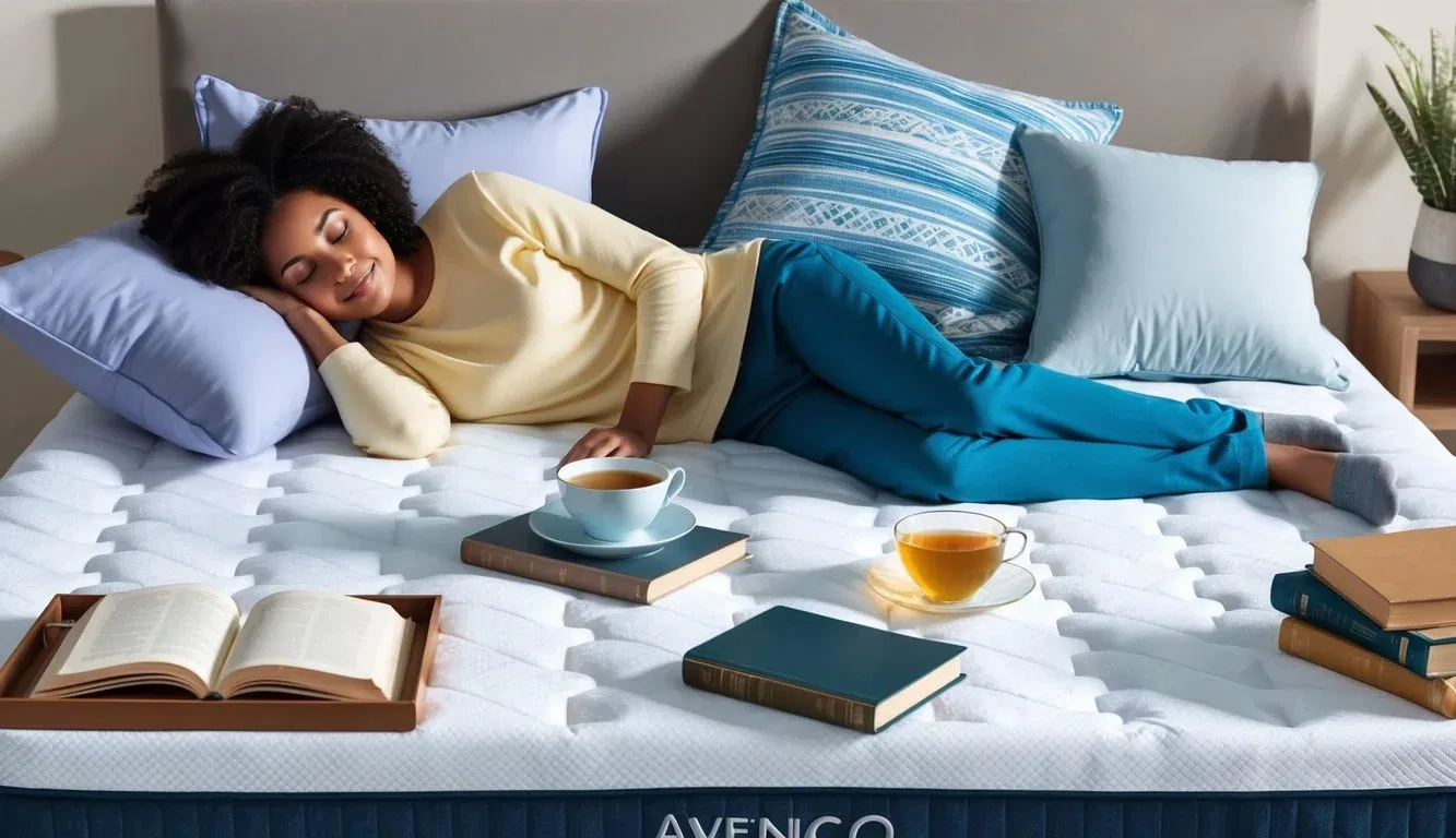 A person lying comfortably on an Avenco mattress, surrounded by various items related to sleep and relaxation, such as pillows, a book, and a cup of tea