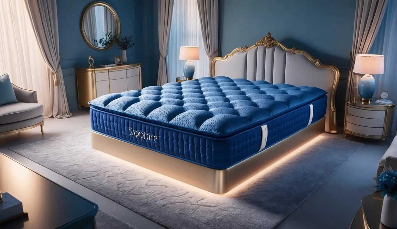 A luxurious sapphire mattress surrounded by a serene, opulent bedroom with soft, ambient lighting and a feeling of comfort and relaxation