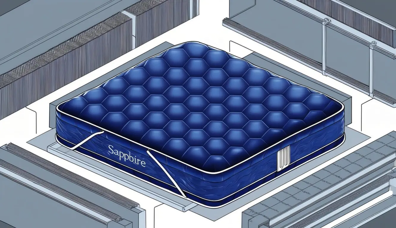 A luxurious sapphire mattress surrounded by durable construction materials and a sleek, modern design