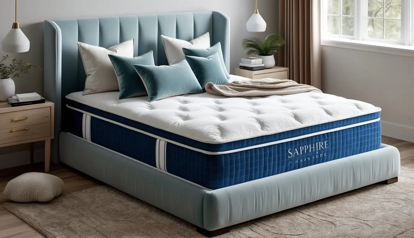 A serene bedroom with a luxurious sapphire mattress surrounded by plush pillows and a cozy blanket for maximum comfort and support