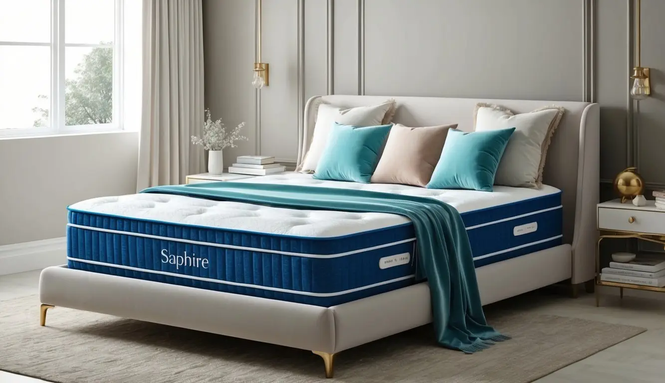 A serene bedroom with a luxurious sapphire mattress, adorned with plush pillows and soft blankets, creating a cozy and inviting sleep experience