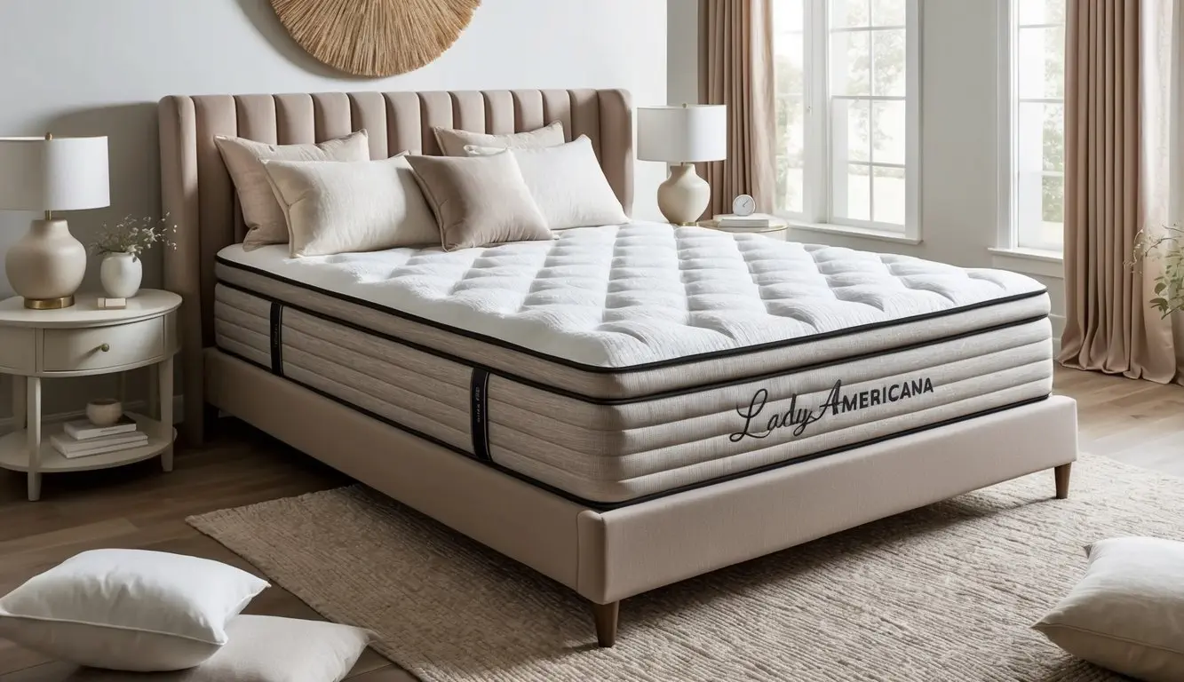A serene bedroom with a luxurious Lady Americana mattress as the focal point, surrounded by soft, neutral-toned linens and pillows
