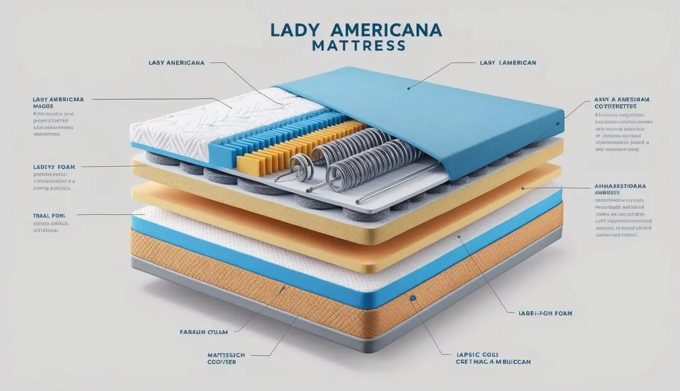 A cross-section of a Lady Americana mattress, showing its construction and materials, including layers of foam, coils, and fabric cover