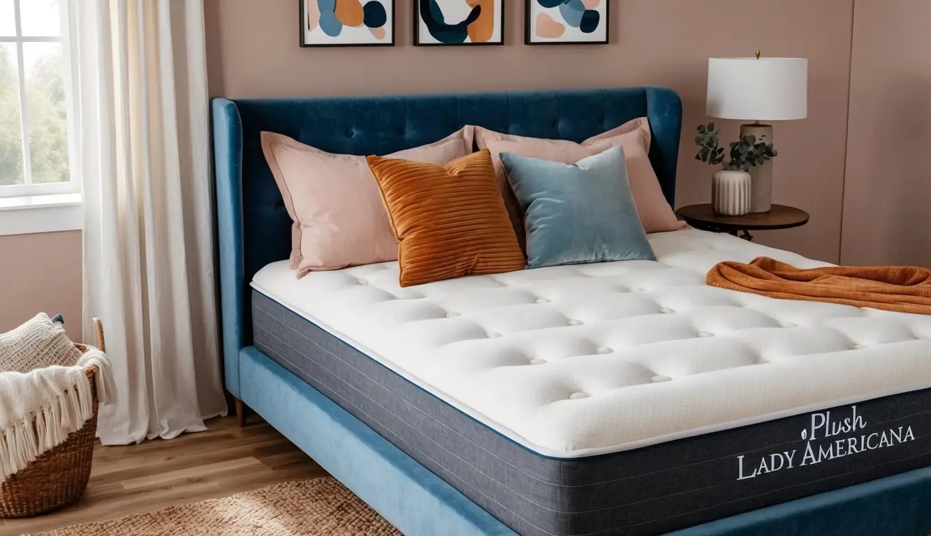A cozy bedroom with a plush Lady Americana mattress, adorned with soft pillows and a warm throw blanket