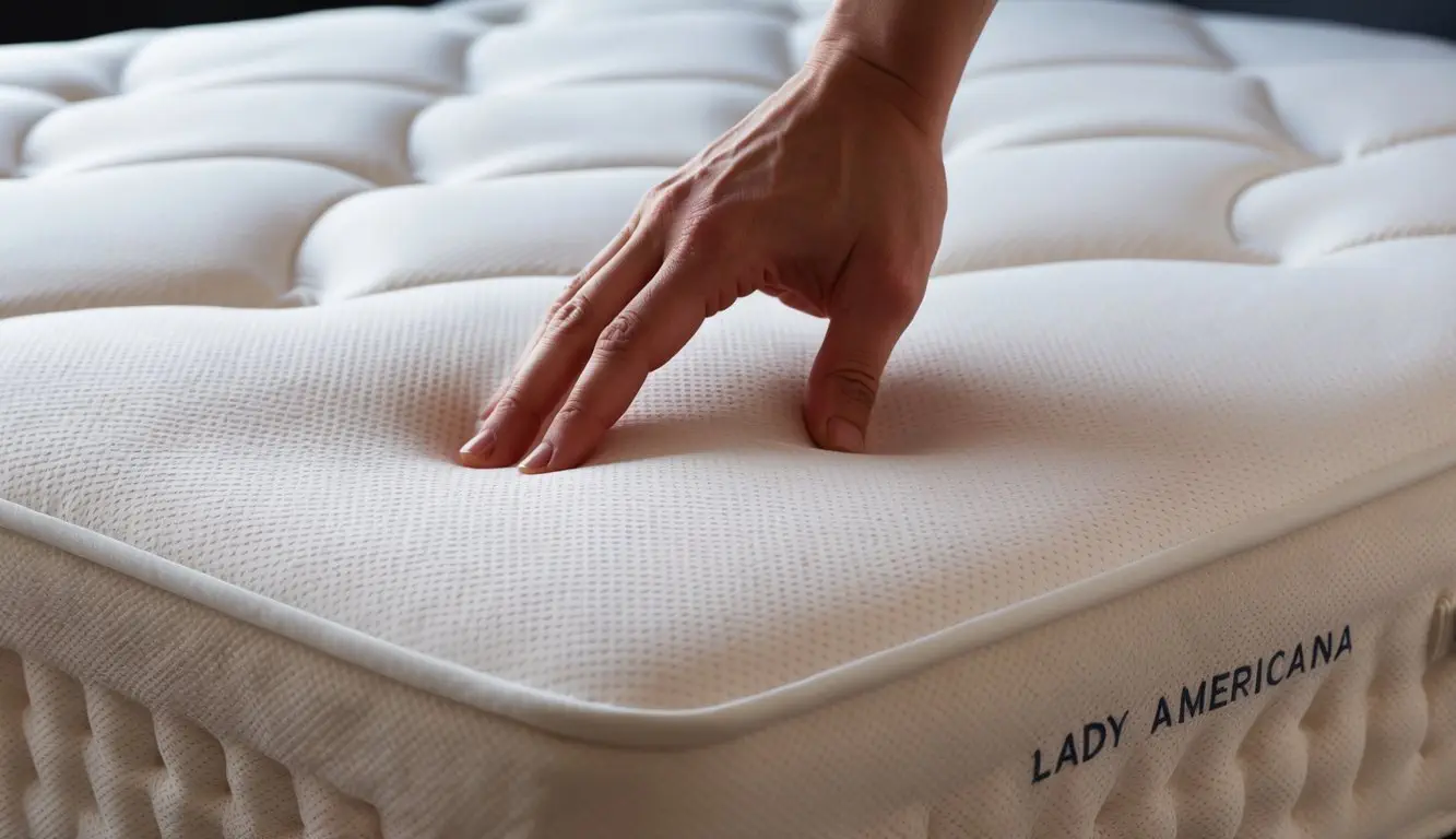 A hand pressing down on the Lady Americana mattress, showing its firmness and feel