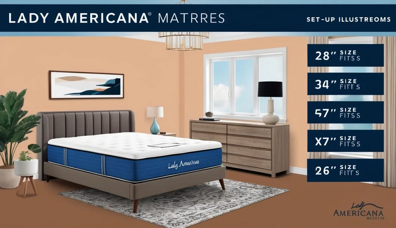 A bedroom with a lady americana mattress set up with various size and fit options displayed