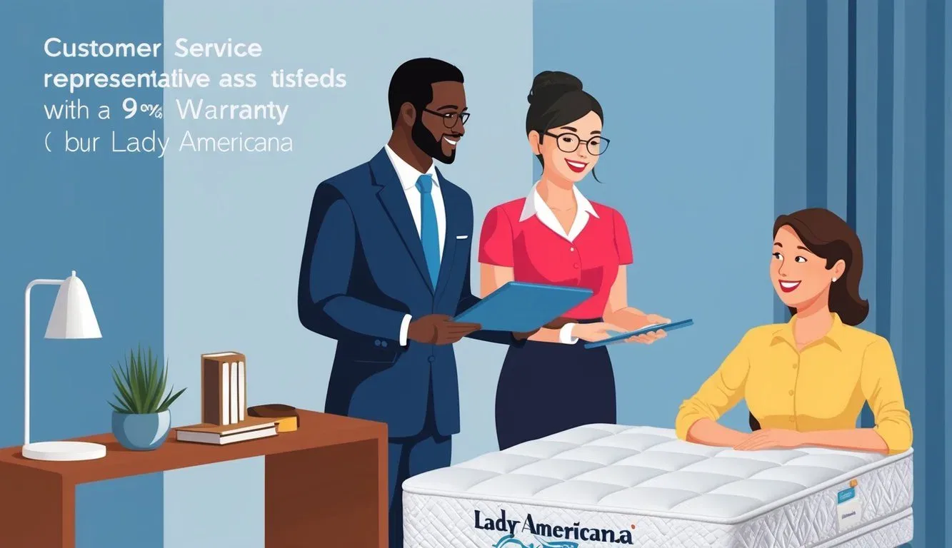 A customer service representative assists a satisfied customer with a warranty claim for their Lady Americana mattress
