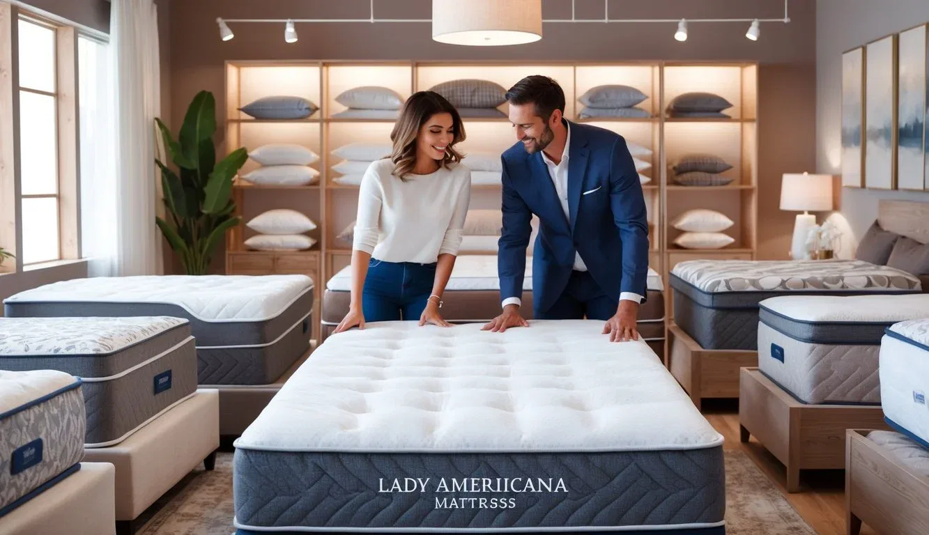 A couple testing the comfort of a Lady Americana mattress in a cozy showroom with soft lighting and a variety of bedding options displayed