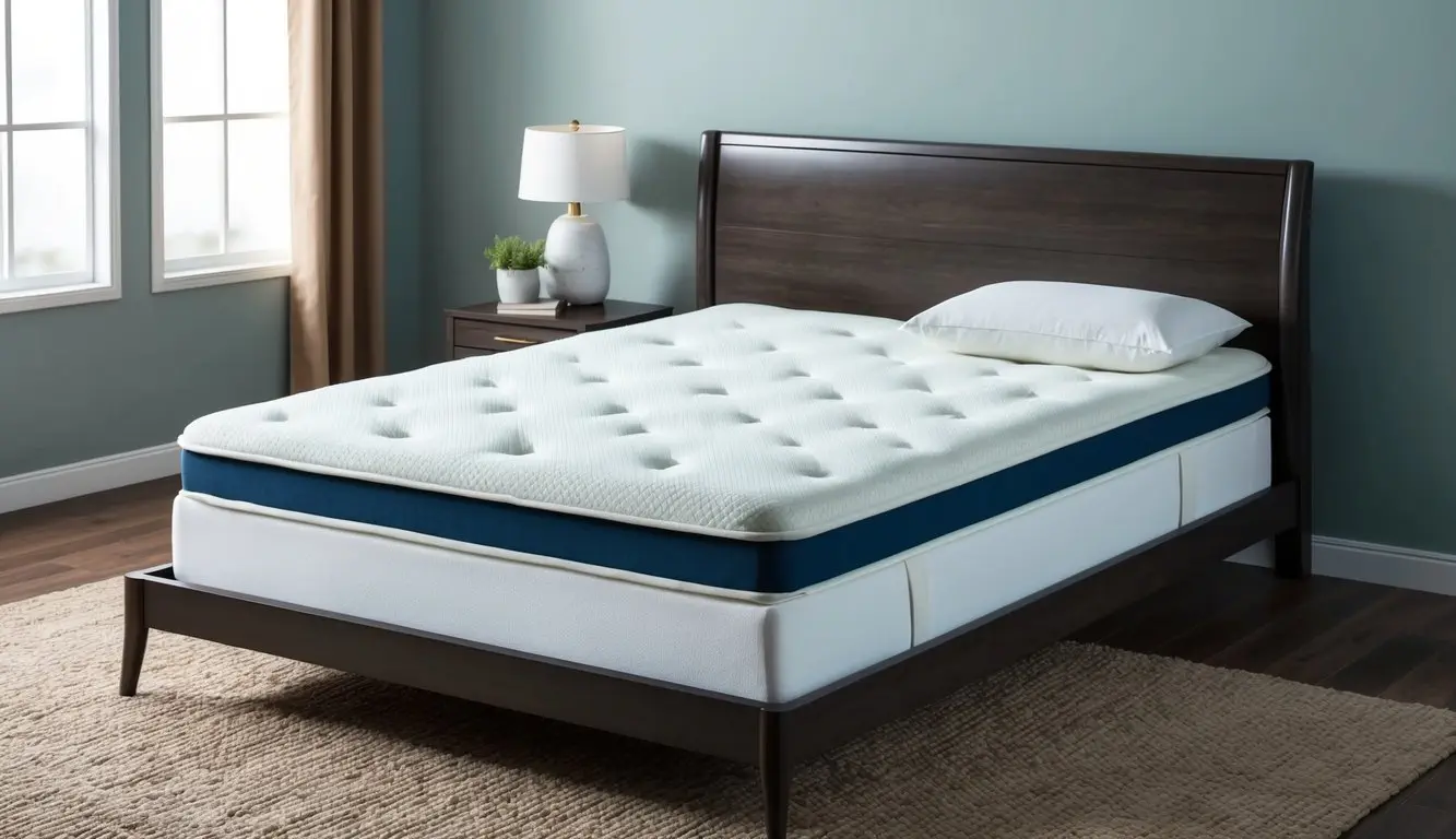 A double-sided mattress with a plush pillow top on one side and a firmer surface on the other, resting on a sturdy bed frame