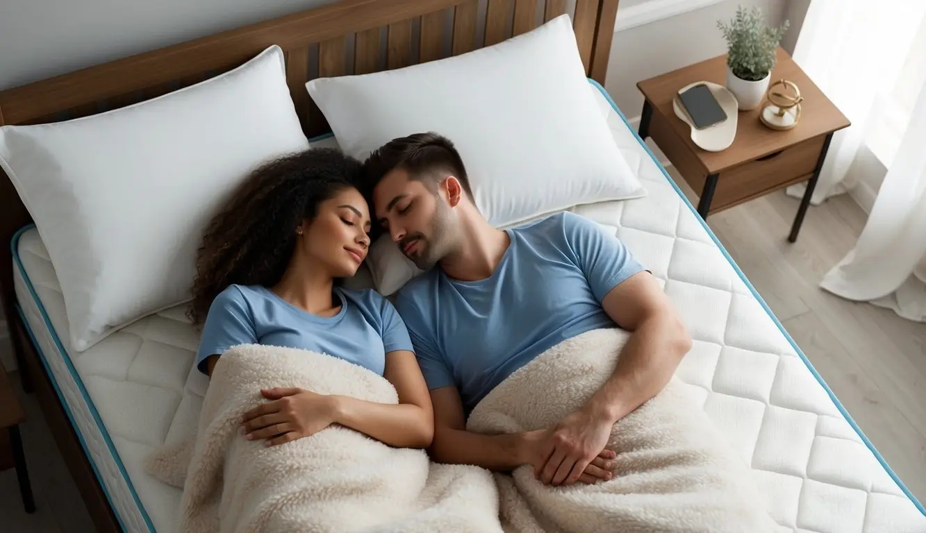 A couple peacefully sleeping on a comfortable double-sided mattress, surrounded by fluffy pillows and soft blankets. The mattress is supported by a sturdy bed frame, creating a cozy and inviting atmosphere