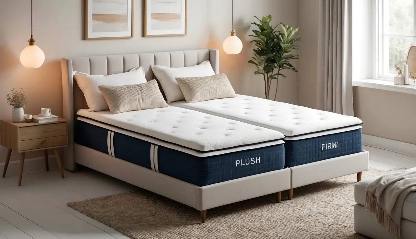 A double sided mattress with plush and firm sides, surrounded by a cozy bedroom setting with soft lighting and neutral tones