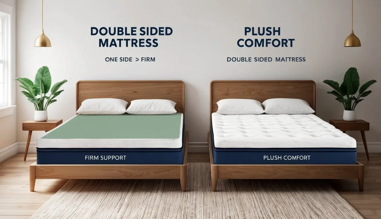 A bedroom with a double sided mattress, showing one side for firm support and the other for plush comfort
