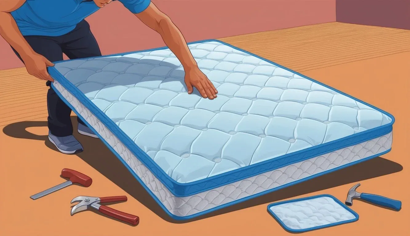 A person flipping a double-sided mattress with care and maintenance tools nearby